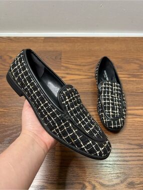 Kenneth Cole NEW YORK Larisa plaid loafers, black and gold tweed size Women’s 9